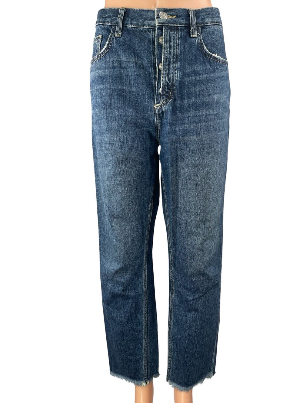 Current Elliott Blue High Rise Frayed Raw Hem Button Fly Straight Denim Jeans 30